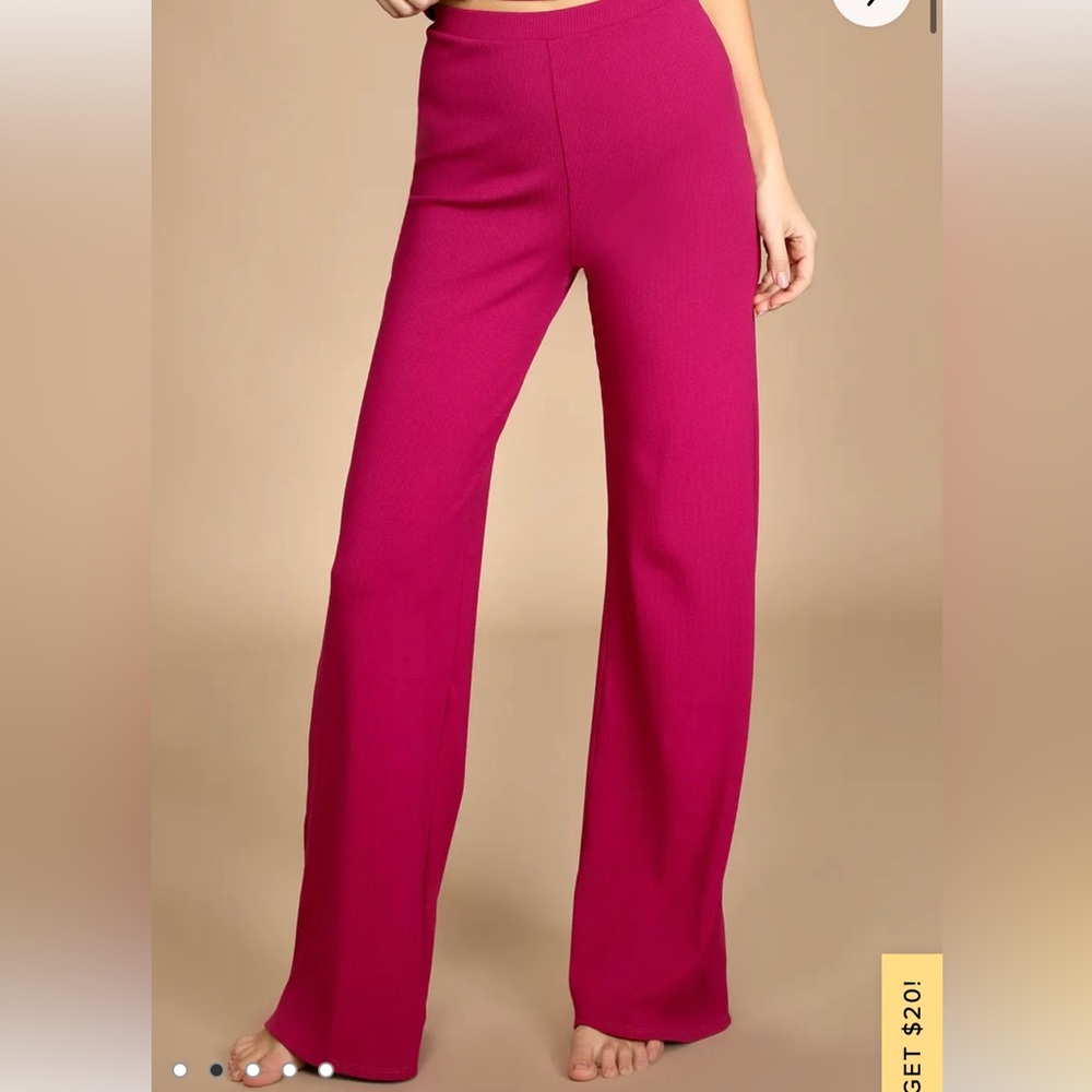 Lulus Leisurely Looks Fuchsia Ribbed High-Rise Wide-Leg Lounge Pants